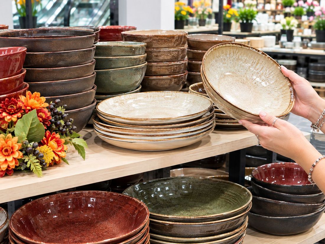 Farfurii și boluri de salată din ceramică, în nuanțe calde și naturale.